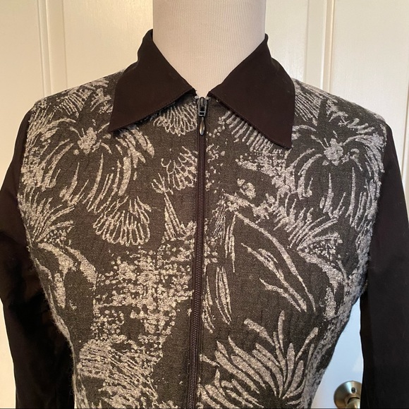 ANNE FONTAINE JACKET COAT BLACK GRAY FLORAL ZIP FRONT FITTED SIZE 2 S SMALL - Picture 2 of 12